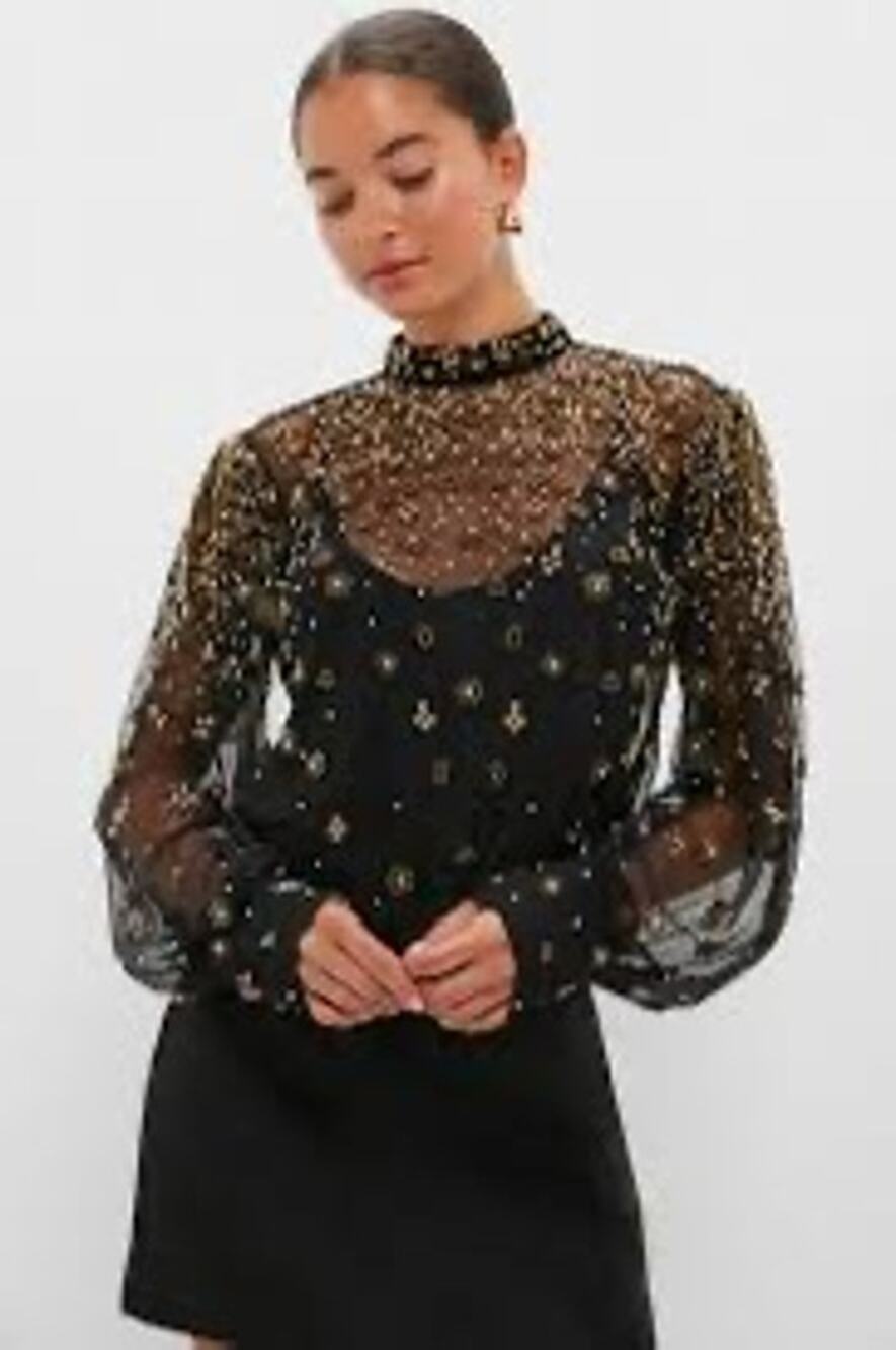 Farm Rio Black Embroidered Bubble Tulle Blouse